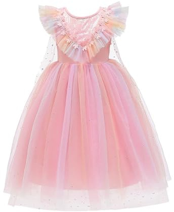 Lito Angels Vestito Costume Abito da Festa di Compleanno Principessa Unicorno con Mantello per Bambina Taglia 6-7 Anni, Rosa (Etichetta in Tessuto 140)