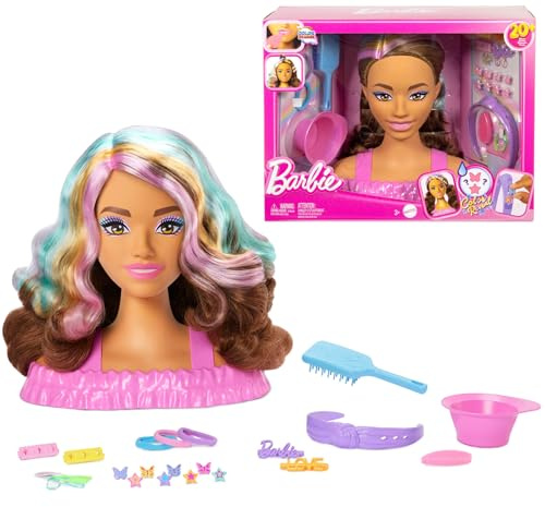 Barbie Tête à Coiffer Color Reveal avec cheveux brun foncé et plus de 20 accessoires de coiffure, dont des barrettes à cheveux à motif étoile et papillon avec fonction de changement de couleur