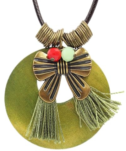Caiduoduo Vintage ethnische stilvolle Holz Ornament lange Halskette Schleife Quaste Pullover Kette