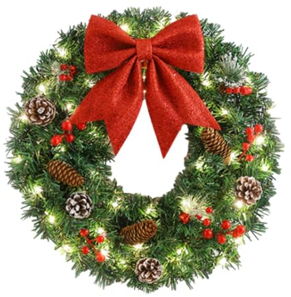 Ghirlanda Natalizia Illuminate con luci a LED, Corona di Natale per Porte, Decorazione Natalizie Interno e Esterno, Decorativa con Fiocco per Camino, Pareti, l'ingresso della Porta, 60 Cm