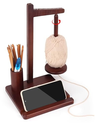 Aeelike Yarn Holder Magnetic, Wooden Yarn Holder for Crochet, Crochet Yarn Holder Spinner, Large Wool Holders when Crocheting and Knitting, Magnetic Yarn Ball Holder with Storage and Phone Stand