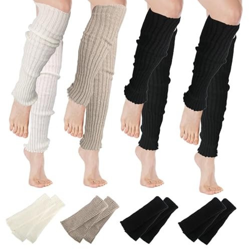 4 Paar Stulpen Damen aus Baumwolle, Warme Stulpen Damen mit Wolle, Gestrickte Beinstulpen für Frauen Mädchen, Beinlinge zum jeden Tag, Tanzen, Sport, Gym, Bergtouren