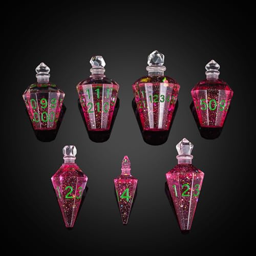 Cusdie Lot de 7 dés DND à bords tranchants, dés D&D en forme de potion, dés polyédriques fabriqués à la main, dés de potion pour jeu de rôle TTRPG (rose avec chiffres verts)