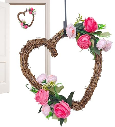 Corona di cuore per porta | Decorazione corona in rattan per San , decorazione per corona da appendere in primavera, corona decorativa per porta d'ingresso, corona di portico romanzo