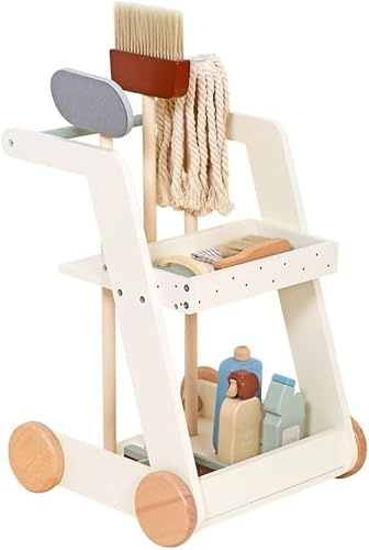 HYGRAD Childrens Janitor Cleaning Set Toy Wooden Household Cleaning Cart On Wheels Toy Kids Role Play Gift Sets Broom Brush Dust Pan Toys For Ages 3+ (Cart 2)