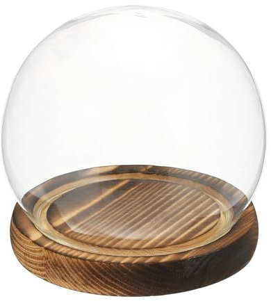 sourcing map Round Cloche Glass Dome, 4.7 x 4.3 Decorative Glass Display Bell Jar Dome Cloche with Brown Base for DIY Flower Craft, Collectibles Specimens Plants Dustproof