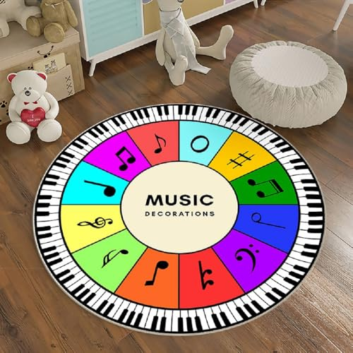 Alfombras Redonda Alfombra Habitación Lavable Antideslizante Muy Suave para Salón o Dormitorio Cama Infantil Lavable Bebe Niña Niño Alfombra De Juego Negro Blanco Música (Multicolor 3, 80x80cm)