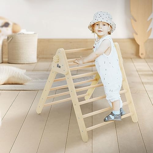 Joyz Triangle d'escalade pour Enfants, Bois Massif Nature, Structure d'escalade Intérieure, Triangle Pikler, Jouet Montessori, Bébé à partir 1 an, Échelle à Grimper/Saisir, Équipement de Jeu Pliable