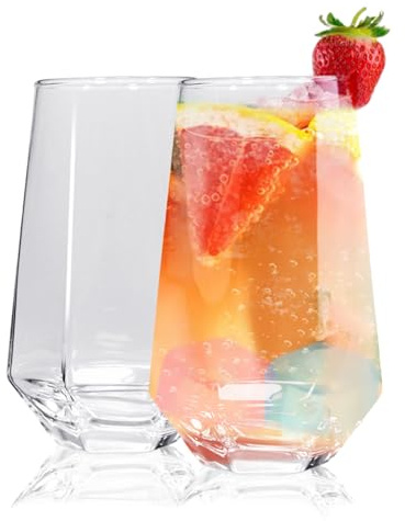 Haayymo Drinking Glasses with Origami Style Set of 2 Glass Cups, 16 oz Ribbed Glassware, Highball Glass Cups, Elegant Art Deco Ripple Vintage Glassware, Juice Glasses (Transparent)