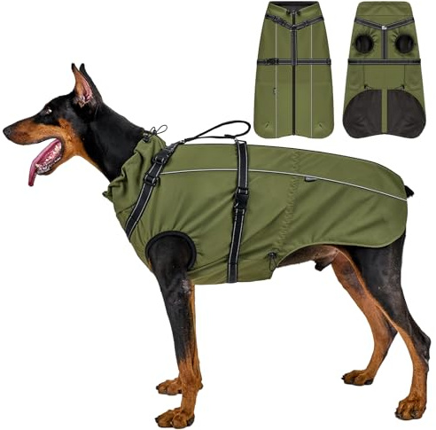 Dog Jacket Waterproof Dog Coat Cold Weather Reflective Jacket with Soft Fleece Lining Warm Coat for Pet Indoor & Outdoor Camping Hiking for Small Medium Large Dogs (Olive, M(Neck: 51cm, Chest: 74cm))