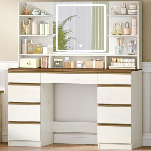 Hzuaneri Toeletta da Trucco Grande con Illuminazione a LED, 3 Colori, Luminosità Regolabile, Tavolo da Trucco con Specchio, 9 Cassetti, 9 Ripiani Aperti, Stile Moderno, Bianco-Marrone DT41914X