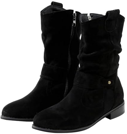 Botas de mujer con tacón marrón de ante, botas de media caña, botas de vaquero con cremallera lateral, botas de viento, cierre de hebilla, botas de vaquero con cremallera lateral, botas de caña larga