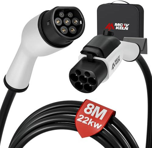 MCEVKELN Rallonge pour Câble De Charge De Véhicule Électrique Type 2 22 KW - 32 A 3 Phases - Rallonge De 8m avec Serrure pour Voiture Hybride Et Électrique IEC 62196-2 - Câble D’Extension De Charge
