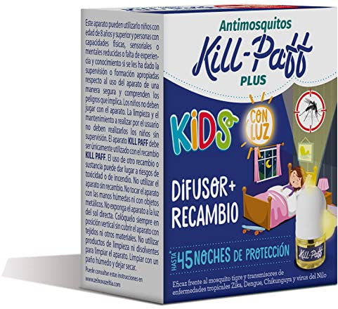 KILL-PAFF KIDS |Insecticida Eléctrico |Antimosquitos |Eficaz Contra Mosquito Tigre y Transmisores de Enfermedades Tropicales |Sin Olor|45 Noches de Protección |Contenido: 1 Dif + 1 Rec
