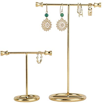 GemeShou 2 supporti a barra T per esposizione di orecchini in vendita, porta-orecchini per gioielli in metallo oro, supporto a barra T per negozio online【Base rotonda in oro】
