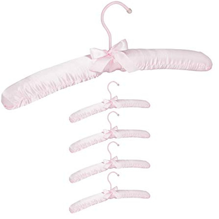 Relaxdays Pack de 5 Perchas Forradas de Raso con Lazo Decorativo, Madera-Tela-Metal, 38 cm de Ancho, Rosa