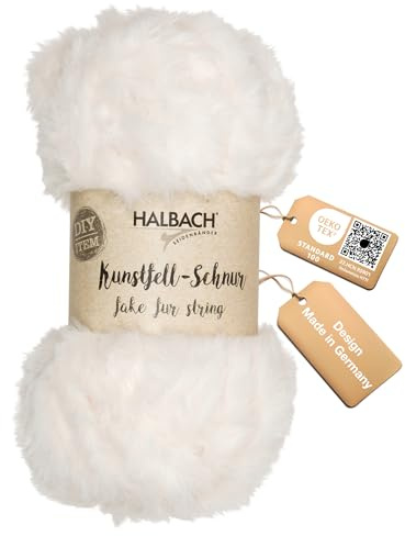Halbach Seidenbänder flauschige Wolle zum stricken | 50g Knäul - Breite: 1cm | Kunstfellgarn zum basteln | Farbe: natur weiß
