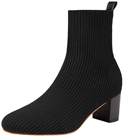 GATUXUS Women's Glove Chunky Mid Heel Ankle Boots Pointed Toe Knit Sock Style Booties Casual Warm Shos (Black, numeric_6)