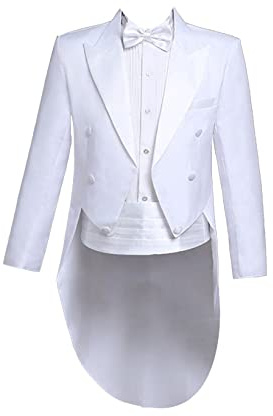 Mufeng Costume Smoking Adulte Homme avec Queue Mariage Soirée Cocktail Cérémonie Communion Dîner Formel Ensemble Costume Blazer + Pantalon + Ceinture+Bowknot XS-XL Blanc XS
