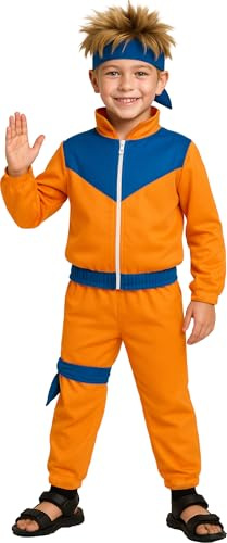 FIESTAS GUIRCA Costume da Ninja Stile Manga Bambino - Completo Infantile da Guerriero Giapponese con Tuta Ginnasta Arancione e Blu per Bambini di 10-12 Anni