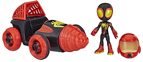 SPIDEY AND HIS AMAZING FRIENDS Marvel Web-Spinners Miles with Drill Spinner, Car Playset with Vehicle, 4-Inch Scale Action Figure and Accessory, Toy Cars for Kids 3 and Up