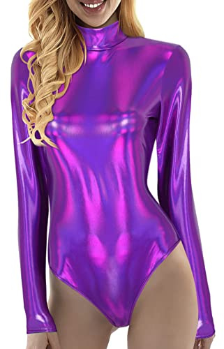 Body da donna metallico lucido a collo alto per yoga, jumpsuit olografico a maniche lunghe da balletto, leotard body da danza costume DS Stage, body da balletto wetlook, body da ginnastica monopezzo
