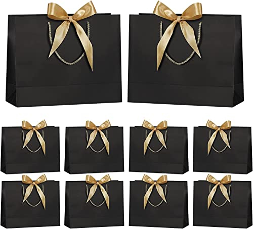 LATERN 10 Stück Große Geschenktüte mit goldenem Schleifenband, 32CM x 25CM x 11CM Partytüten aus Papier Geschenkverpackungstüten mit Griff für Geburtstag Hochzeiten Party Urlaub Babypartys (Schwarz)