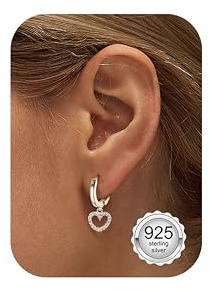 Chriscoco Pendientes Aro Corazón de Plata de Ley 925 Hipoalergénico Pendientes de Aro con Colgante de Corazón Aretes Pequeños Huggie para Niñas Mujer