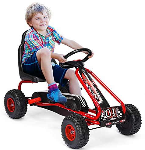 GOPLUS Gokart mit verstellbarem Sitz, Tretauto mit Handbremse und geschlossener Kettenabdeckung, Vor- und Rückwärtsgang, Tretfahrzeug für Kinder ab 3 Jahre bis 30 kg (Rot)