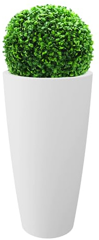 Nicoli Vaso Alto Style 36x70 cm con Bosso Artificiale – Vaso Decorativo da Interno ed Esterno in Plastica Resistente – Vaso per Piante con Sottovaso Estraibile – Colore Bianco