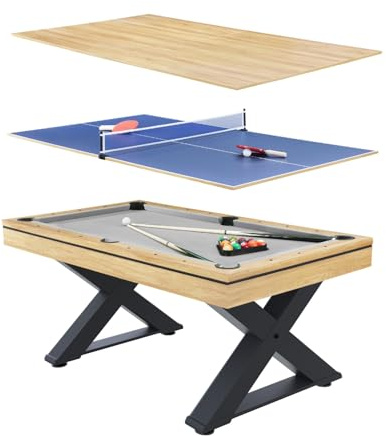 CONCEPT USINE | Table Multi-Jeux 3 en 1 Billard et Ping-Pong Texas + Accessoires | Design Moderne Bois Naturel | Table de Jeu ou Repas Salle à Manger | Matériaux de Qualité | en Famille ou Entre Amis