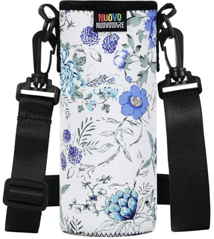 Nuovoware Water Bottle Carrier Bag, Premium Neoprene Portable Insulated Water bottle Sling Holder Bag 750ml with Adjustable Shoulder Strap for Hiking, White Blue Floral