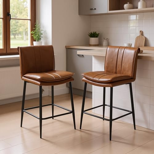 chairus Taburetes de Bar PU Juego 2 de Sillas Altas Cocina Modernas sin Brazo, Taburetes de Desayuno con Pstas Negras Sillas Mostrador Sencillas con Respaldo Cuero para Isla de Cocina, Marrón