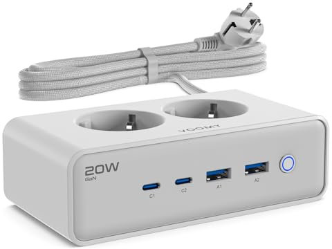 VOOMY Mehrfachsteckdose mit USB (20W), Steckdosenwürfel 4000W, Steckdosenleiste Überspannungsschutz, Mit 2 USB-C und 2 USB, 2m Verlängerungskabel