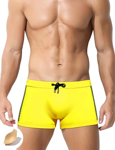 SEAUR Costume da bagno da uomo, aderenti e corti, ad asciugatura rapida, per sport acquatici, con imbottitura rimovibile con coulisse, EU S-XL = Tag.No M-XXL, giallo., XL