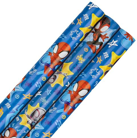 Hallmark Wrapping Paper Roll, Pack of 3 in 1 MARVEL Spidey & His Amazing Friends Design, 2M Each, Birthday, Christmas, Blue