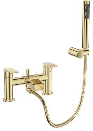VeeBath Stream Robinet mitigeur rond cascade pour baignoire/douche – Finition laiton brossé à double levier, robinet de salle de bain monté sur le pont – Comprend une pomme de douche ronde et un kit