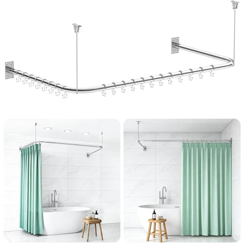 OTOmitra Barra para cortina de ducha en forma de U/L, [75-78] × [150-190] × [75-78] CM Barra de ducha de acero inoxidable SUS304 con soporte de techo y 20 anillos para cortina de ducha para