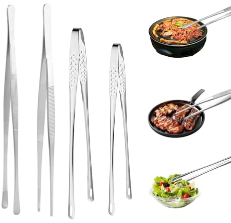 UCFBWO 4 stycken kokpincetter rostfritt stål kökspincett rostfritt stål köttpincett med tandade spetsar tång kök lång pincett kök grillpincett för kök grillning matlagning mat servering