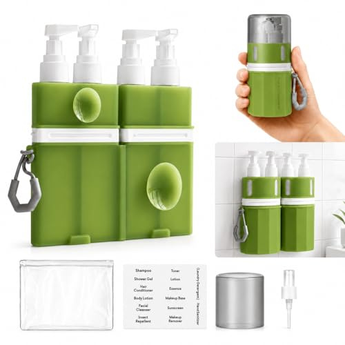 CMOLARI Frascos de viaje recargables 4 en 1, kit de viaje de silicona antifugas con ventosa, bomba, spray, etiquetas y bolsa, contenedor de viaje para champú, gel de ducha, loción (Verde)