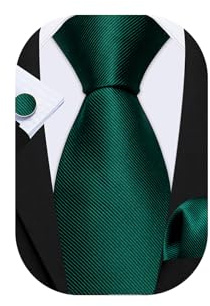 Barry.Wang Men Silk Tie Set Pocket Square Cufflinks Emerald Green