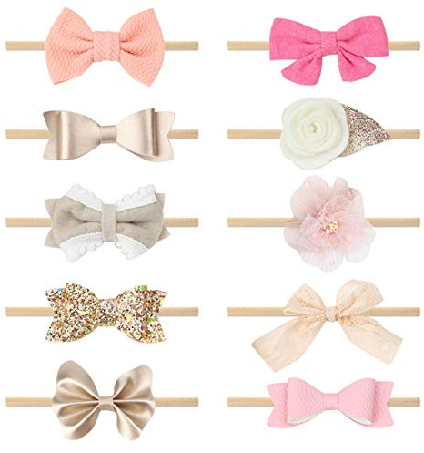 Subesty 10 PCS Baby Girl Headbands and Bows Soft Elastic Nylon Hairbands Handmade Newborn Head Bands Hair Accessories for Babies Infant Toddler