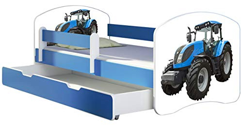 ACMA Letto per Bambino Cameretta per Bambino con Materasso Cassetto Rete a doghe II BLU (42 Trattore, 140x70 + Cassetto)