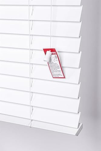 Funky Gadgets Persianas venecianas de madera sintética lisa con cuerdas y la otra con cinta, listones de 50 mm recortables (blanco, 90 cm de ancho x 150 cm de caída)