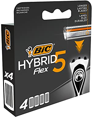 BIC Hybrid 5 Flex, Confezione da 4 testine per rasoio da uomo snodabili a 5 lame in titanio con nanotecnologia