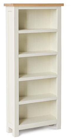 Farrow Cream Tall Narrow Living Room Bookcase with Oak Top | Roseland Furniture Contemporary Country Slim Painted Pine Solid Wooden Bookshelf with 5 Shelves for Hallway or Office
