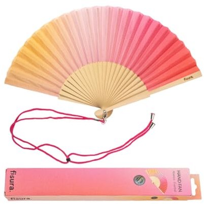 FISURA - Origineller Handfächer mit rotem Farbverlaufsdruck. Moderner und farbenfroher Fächer aus Holz. Roter und rosa Fächer. Maße: 42,5 x 23 cm. Materialien: Holz und Textil.