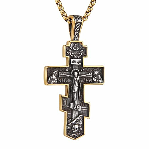 HZMAN Collar de cruz ortodoxa oriental para hombres y mujeres, retro, religioso, Jesús, crucifijo bizantino, colgante cristiano, joyería de regalo, 3,2 cm x 5,1 cm / 1,27 tum x 2,0 tum, Acero