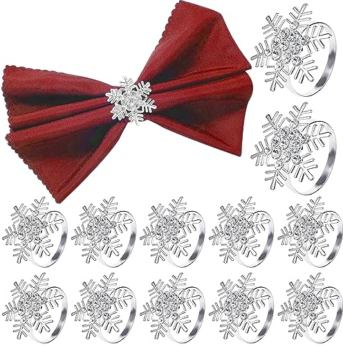 Funmo 12 Stück Weihnachten Schneeflocken Serviettenringe, Silber Serviettenhalter Schneeflocken Serviettenschnalle für Weihnachten Mittagessen Thanksgiving Party Urlaub Hochzeit Tischdekoration