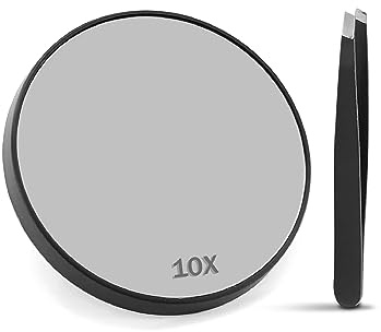 JAMES 10X Magnifying Mirror With Tweezer & 2 Suction Cups, Magnifier Mirror for Makeup, Bathroom Saving, Eyebrows Tweezing | Small Magnifying Mirror | Travel Mirror | Hand Mirror | Mini Mirror (10X)